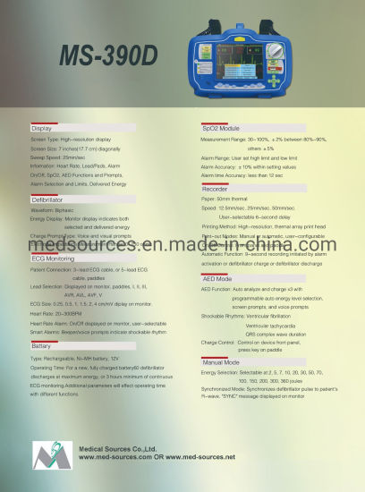 (MS-390D) Desfibrilador Externo Automático Bifásico Cardíaco Aed de Emergencia Portátil de Primeros Auxilios